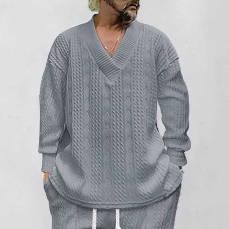 Autumn Mens V-neck Pullover Loose Long-sleeved Sweater Casual Jacquard Knitwear Fashion Soild T Shirts Jacquard Top Man Clothes LX241024