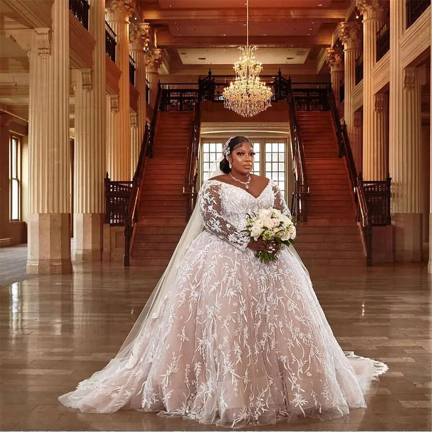V-Neck Lace Appliqued Long Sleeve Plus Size Wedding Dress With Sweep Train