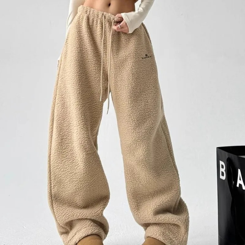 QWEEK Y2k Casual Winter Sweatpants Woman Oversize Korean Harajuku Thick Pants Autumn Warm Khaki Wide Leg Trousers 241022