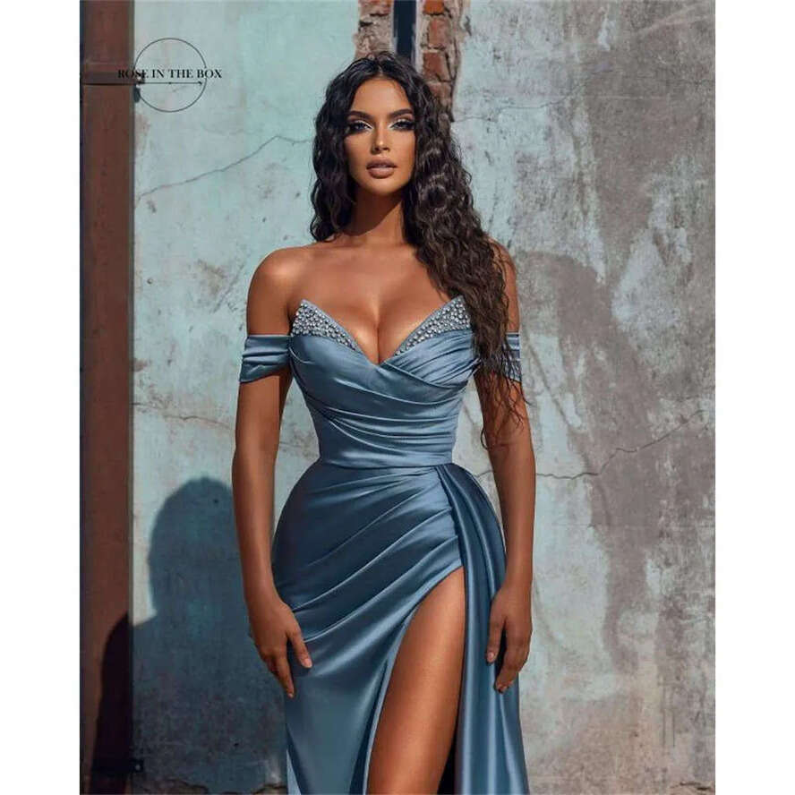 Side Elegant Slit Long Prom Dresses For Women African Beaded Satin Formal Evening Party Gowns Off Shoulder Robe mal