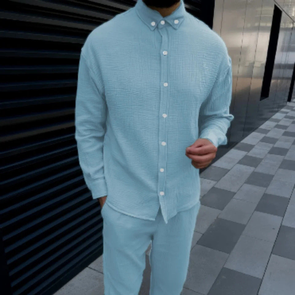 Autumn mens cotton long sleeved shirt set ultra solid color single breasted round neck set 241024