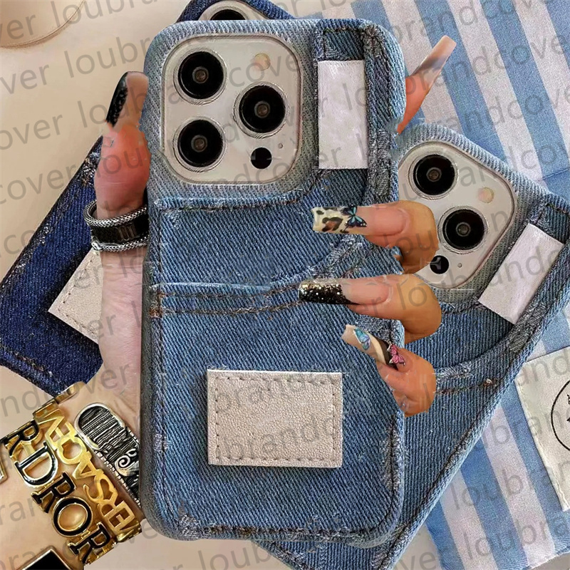 Vintage Denim Designer Phone Case for iPhone 16 Pro Max 15 Pro Max 14 promax 13 12 15 Plus 16 Plus Case Card Holder Luxury Textile Jeans Monogram Print iPhone Case