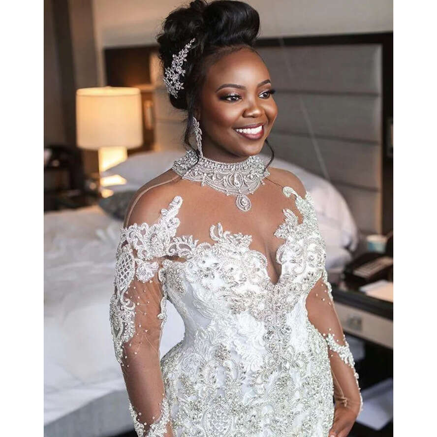 Arabic Sexy Aso Ebi Mermaid Wedding Dresses Bridal Dress High Neck Illusion Long Sleeves Lace Appliques Crystal Beads Plus Size Bride Gowns Vestidos D