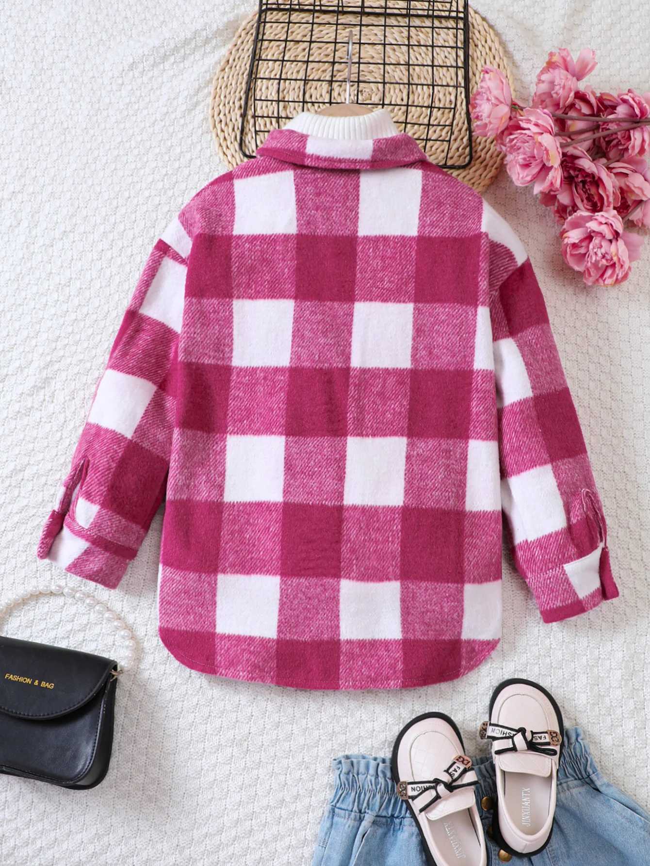 New casual thick plaid wool long jacket for girls in autumn and winter W241023