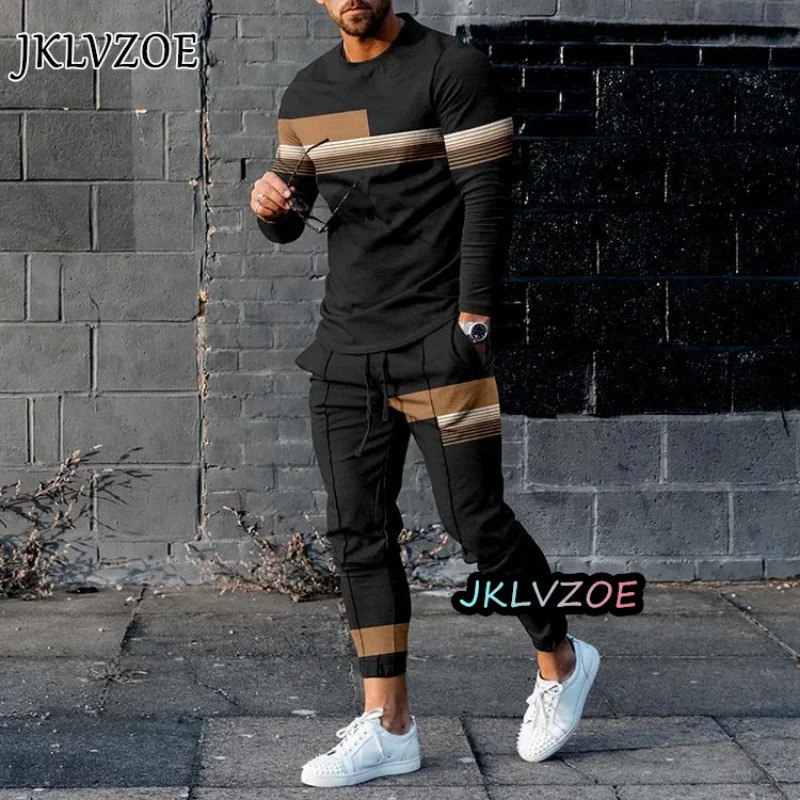 3D printed yellow mens streetwear autumn mens fashion long sleeved T-shirtTrousers casual tracksuit 2-piece set 241024