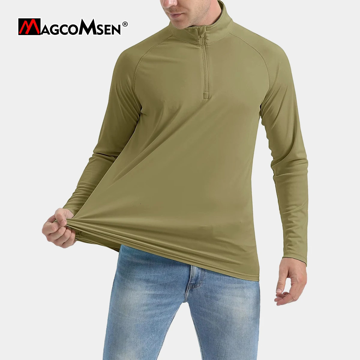 MAGCOMSEN Long sleeved Mens Sun Shirt UPF 50Triple 1/4 Zipper Pulled Matte Blue Hiking Protective T-shirt Performance UV Top 241024