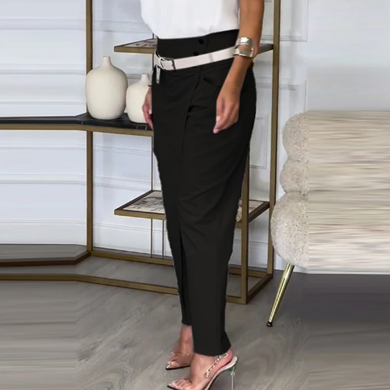 Fashionable Womens Street Commuters Autumn Irregular Solid Color Ultra Thin Pants Womens Casual Button Pocket Pants 241023