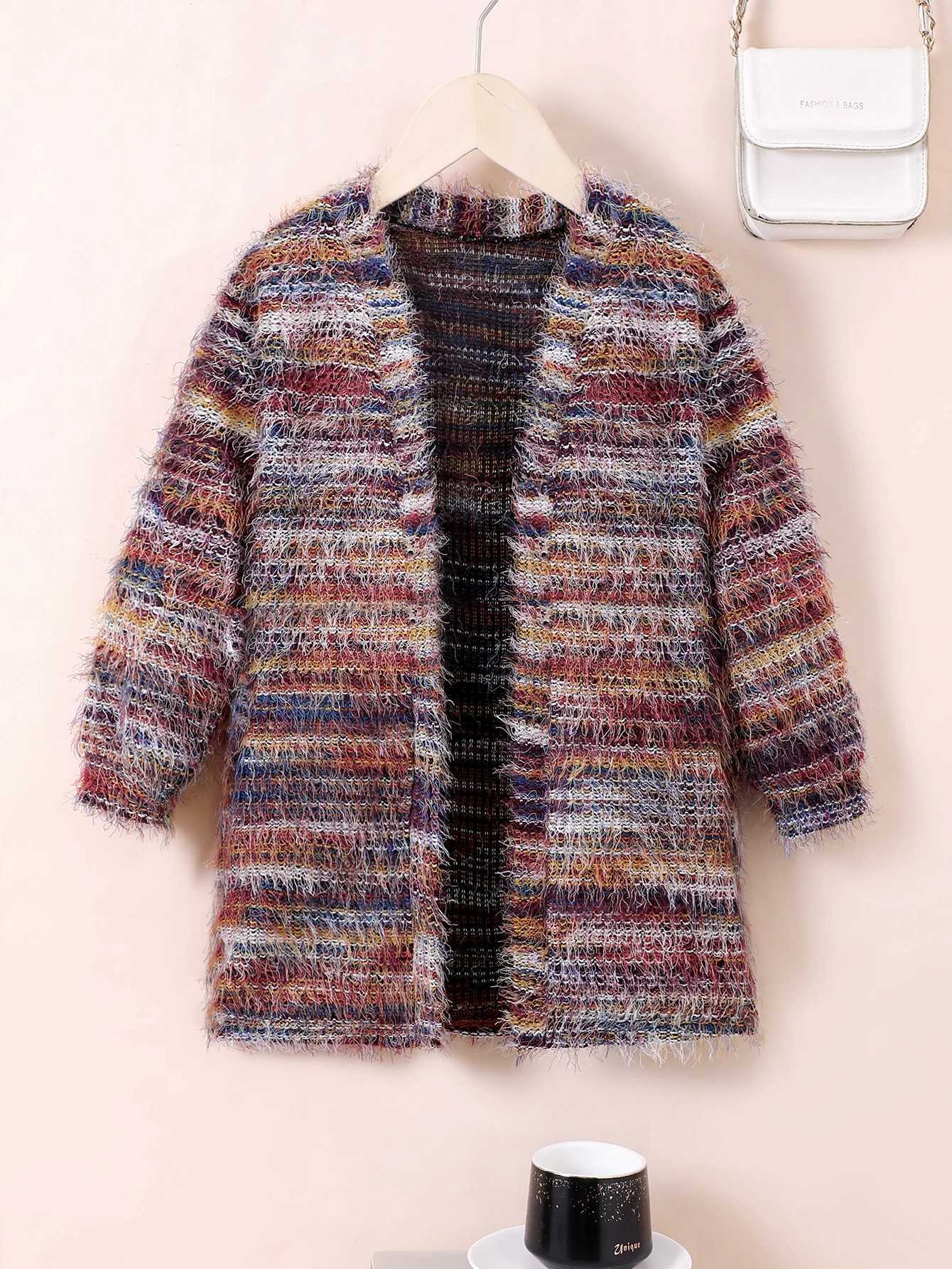 Zhongda Childrens New Product Fashion Knitted Plush Long Cardigan for Girls in Autumn and Winter W241023