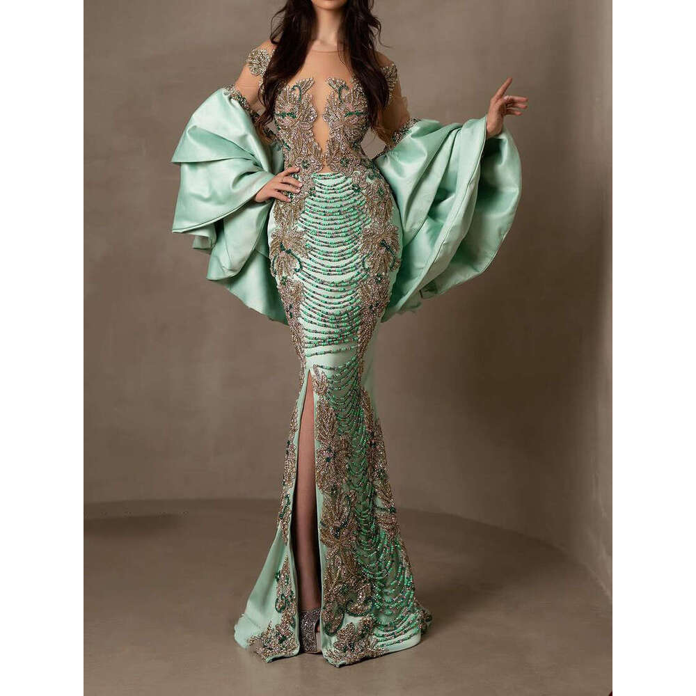 urious Beading Mermaid Prom Dresses Elegant Long Sleeve Evening Gowns Side Split Appliqued Formal Dress