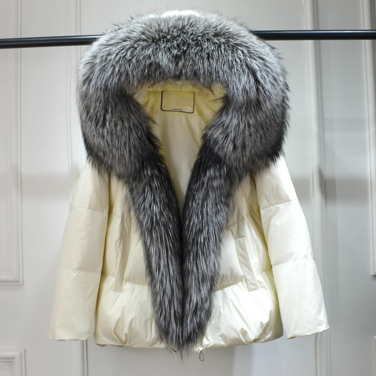 Janveny Big Natural Silver Fox fur collar oversized duck down jacket winter womens inflatable jacket fur womens park 241023