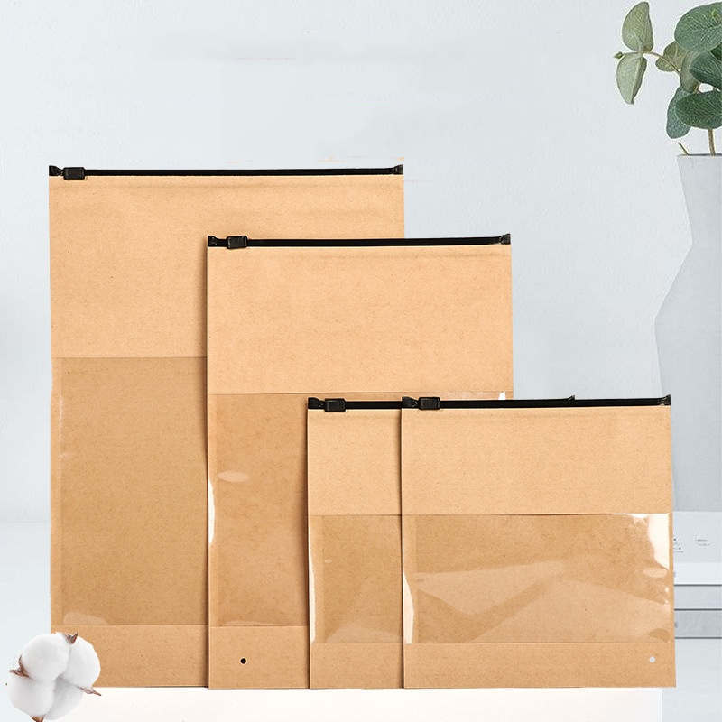 Kraft Paper Clothing Bags Clear Window Display Plastic Zipper Retail Pouch For Jewelry Pendant Towel Washcloth Apparel Socks Document Gifts Packaging Storage