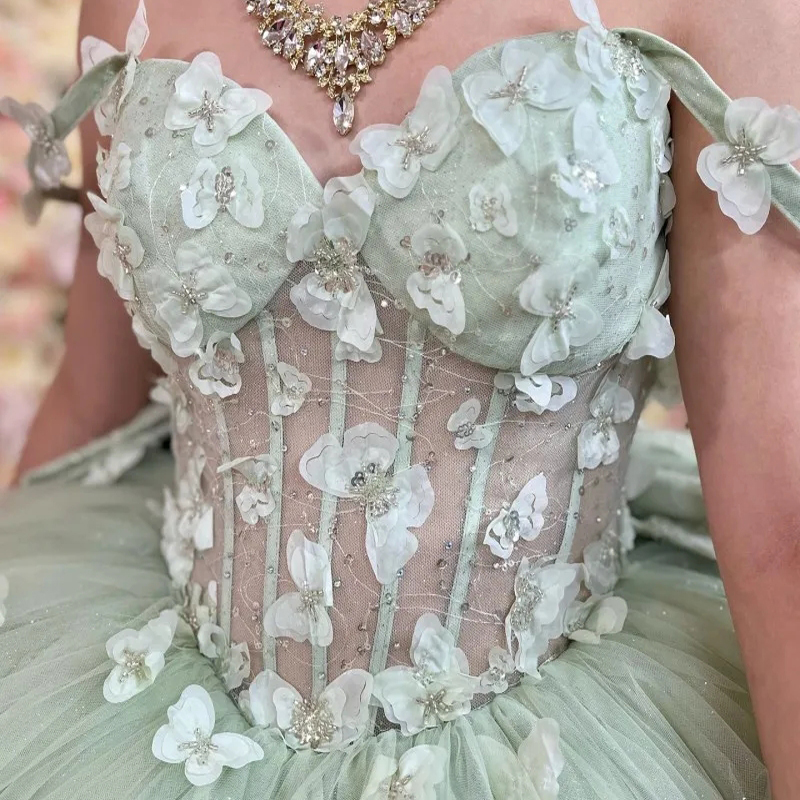 Mint Green Shiny Quinceanera Dresses Ball Gown Birthday Party Dress Bow Beads Tull With Cape Lace Up Graduation Vestidos De 15 Anos Sweet 16 Dress