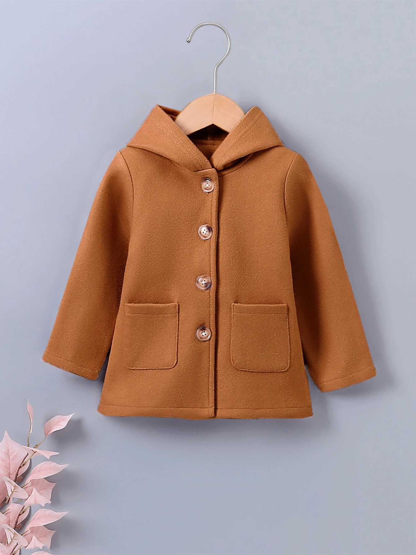 New winter clothes girls solid color single chest hooded long sleeved wool jacket suitable for primary and secondary school children W241023