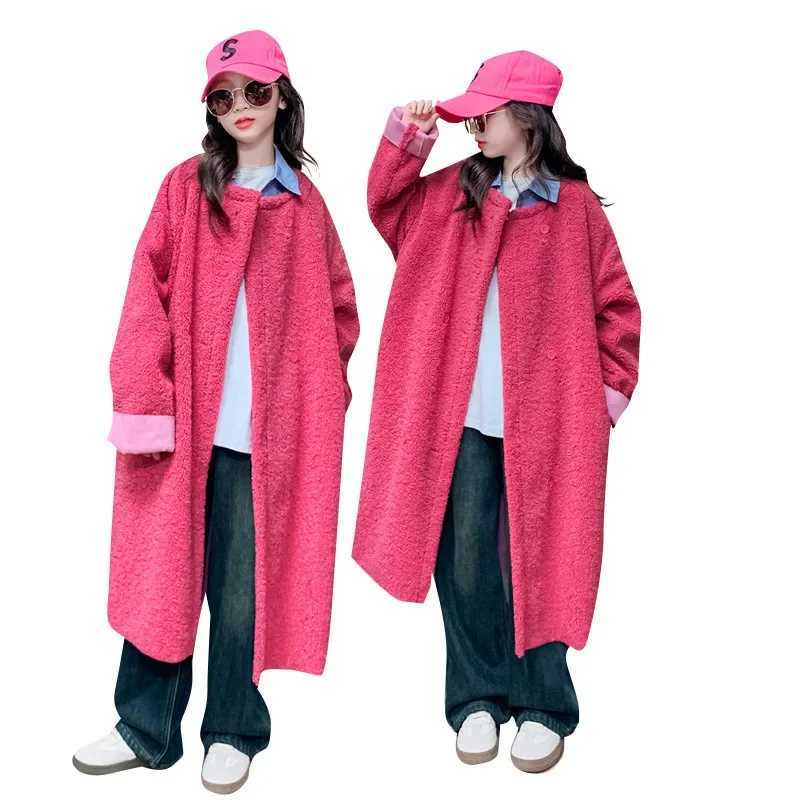 Girls fur coat autumn long wool coat youth coat rose casual loose childrens clothing 12 13 14 years old W241023