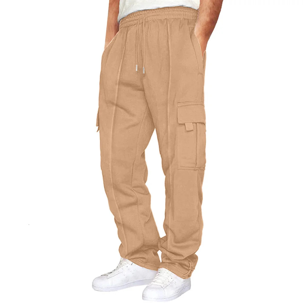Mens multi pocket work pants for autumn casual running and jogging outdoor commuting velvet leg sports pants mens clothing 241023