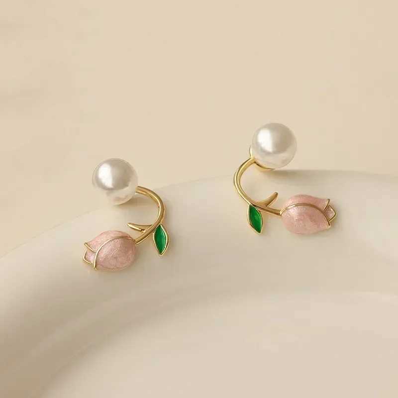 Sweet Fashion Enamel Pearl Tulip Flower Stud Earrings for Women Korean Temperament Zircon Back Hanging Earring Wedding JewelryX241023