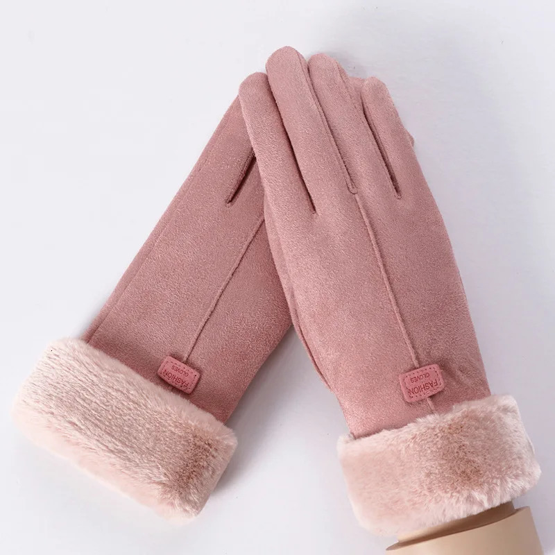 Winter Female Cashmere Warm Suede Leather Cycling Mittens Double Thick Velvet Plush Wrist Women Touch Screen Driving Gloves 241024