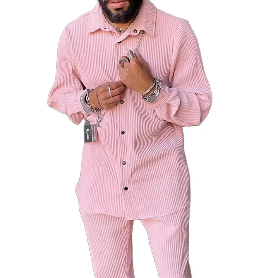 Oldyanuop Mens Corduroy Set Long Sleeve Solid Shirt and Pants Two Piece Set Spring and Autumn Fashion Mens Street Clothing 241024