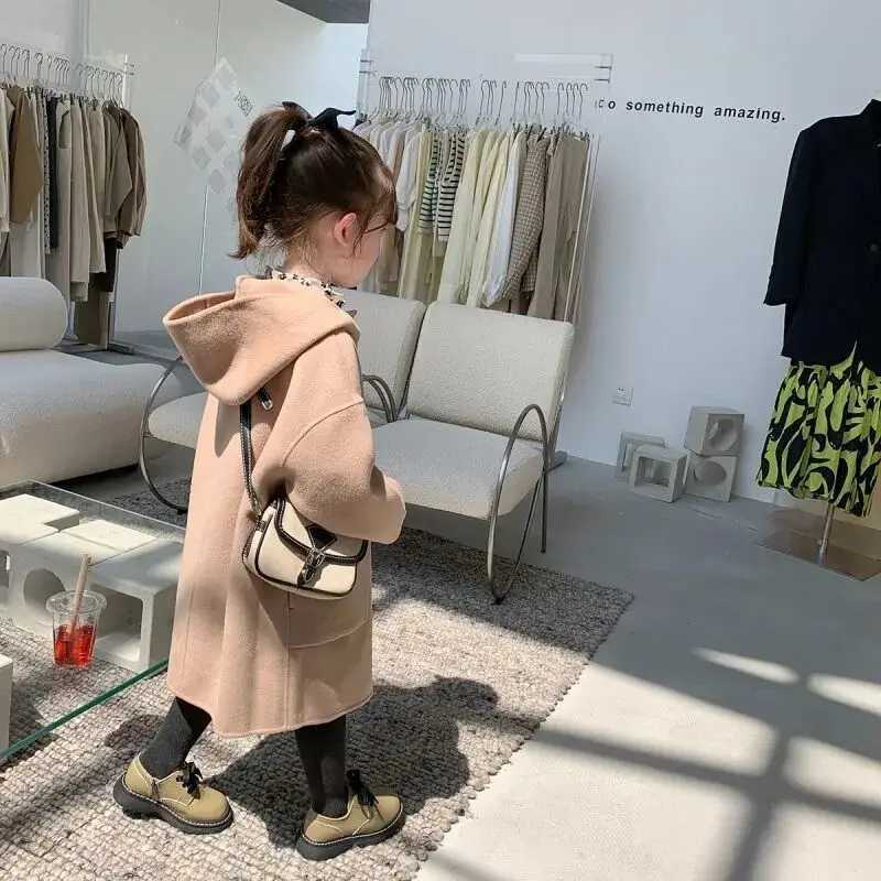 Childrens wool coat autumn and winter new item womens hooded sweater solid color baby medium length wool coat W241023