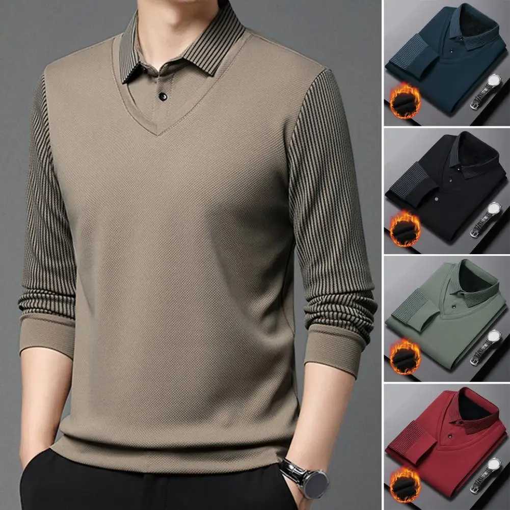 Shirt Collar Sweater Mid-aged Mens Formal Business Style Striped Sweater with Lapel Thick Plush Warm Knitted Pullover for Fall LX241024