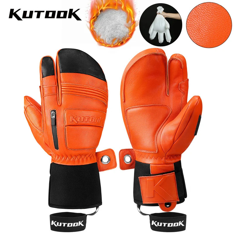 KUTOOK Winter Ski Gloves Goatskin Leather Mittens Thinsulate Snowboard Thermal Warm Skiing Waterproof Men Women 241024
