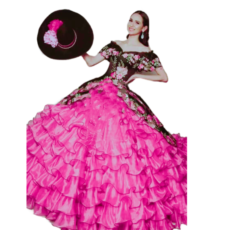 Gorgeous Embroidery Floral Quinceanera Dresses Off Shoulder Pluffy Ball Gown Prom Dress Tiered Hot Pink Organza Skirt Vestido 15 Anos