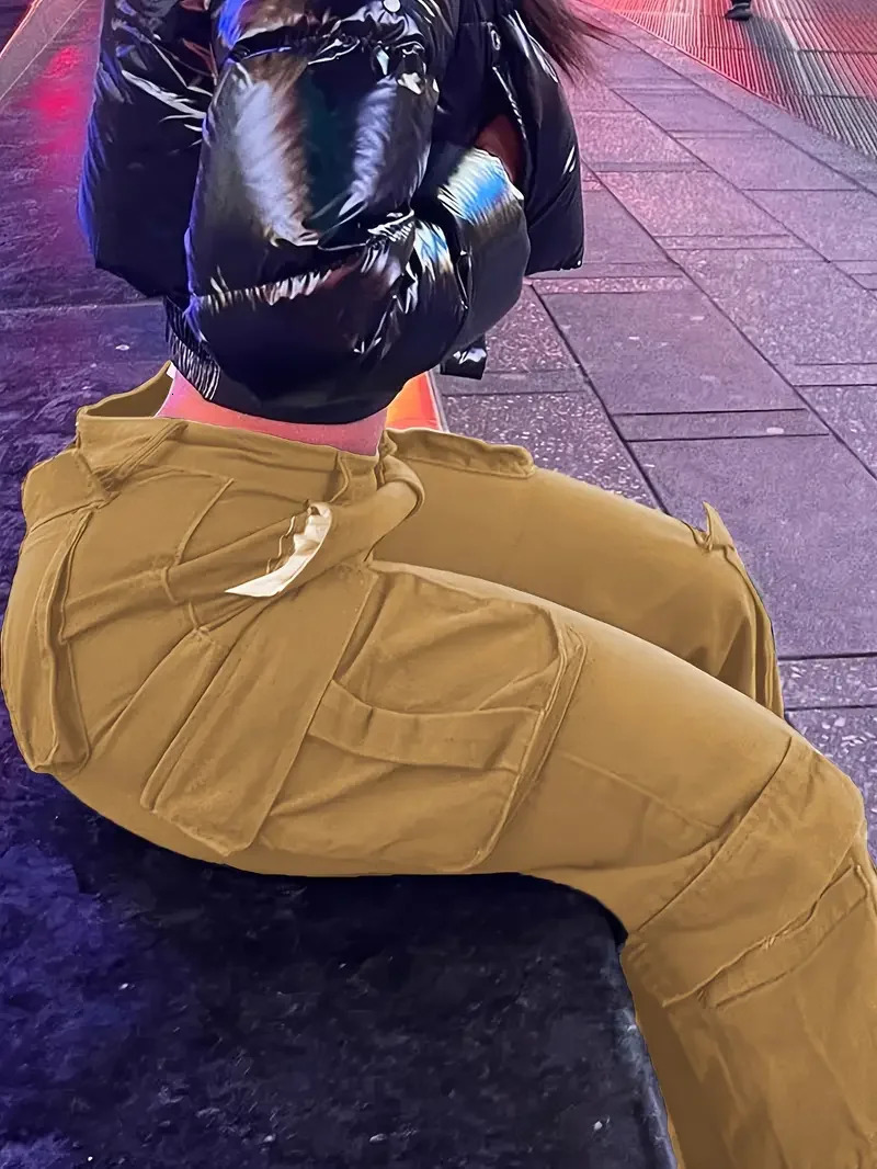 Womens street trend multi pocket cargo jeans casual denim straight leg pants 241023