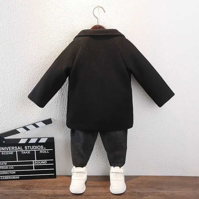 Winter grid jacket for boys and girls wool double-layer baby trench coat lapel childrens coat wool coat winter coat W241023