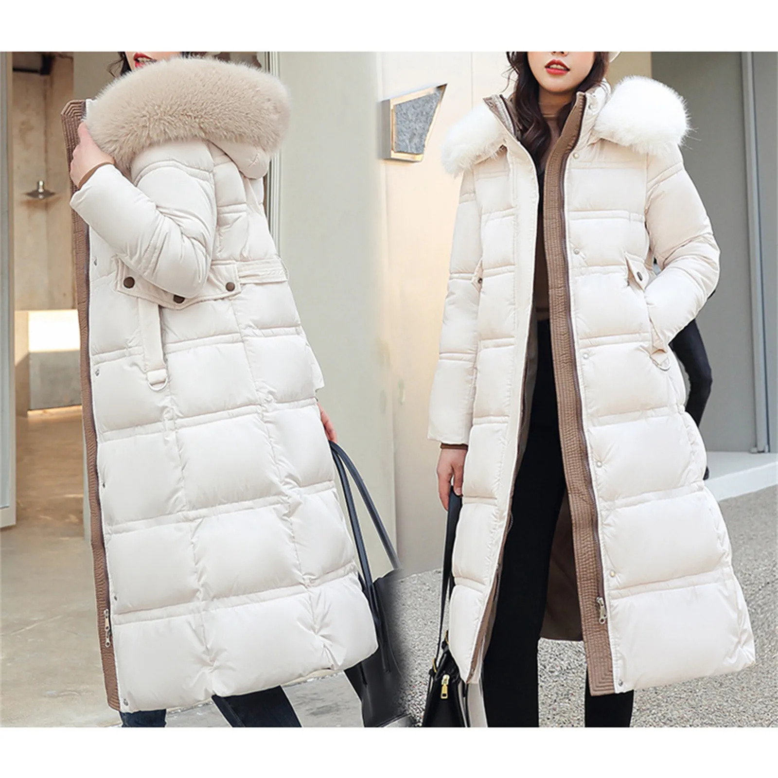 Womens long winter inflatable jacket with belt maximum down jacket fur collar detachable hooded park winter thick warm snow coat 241023