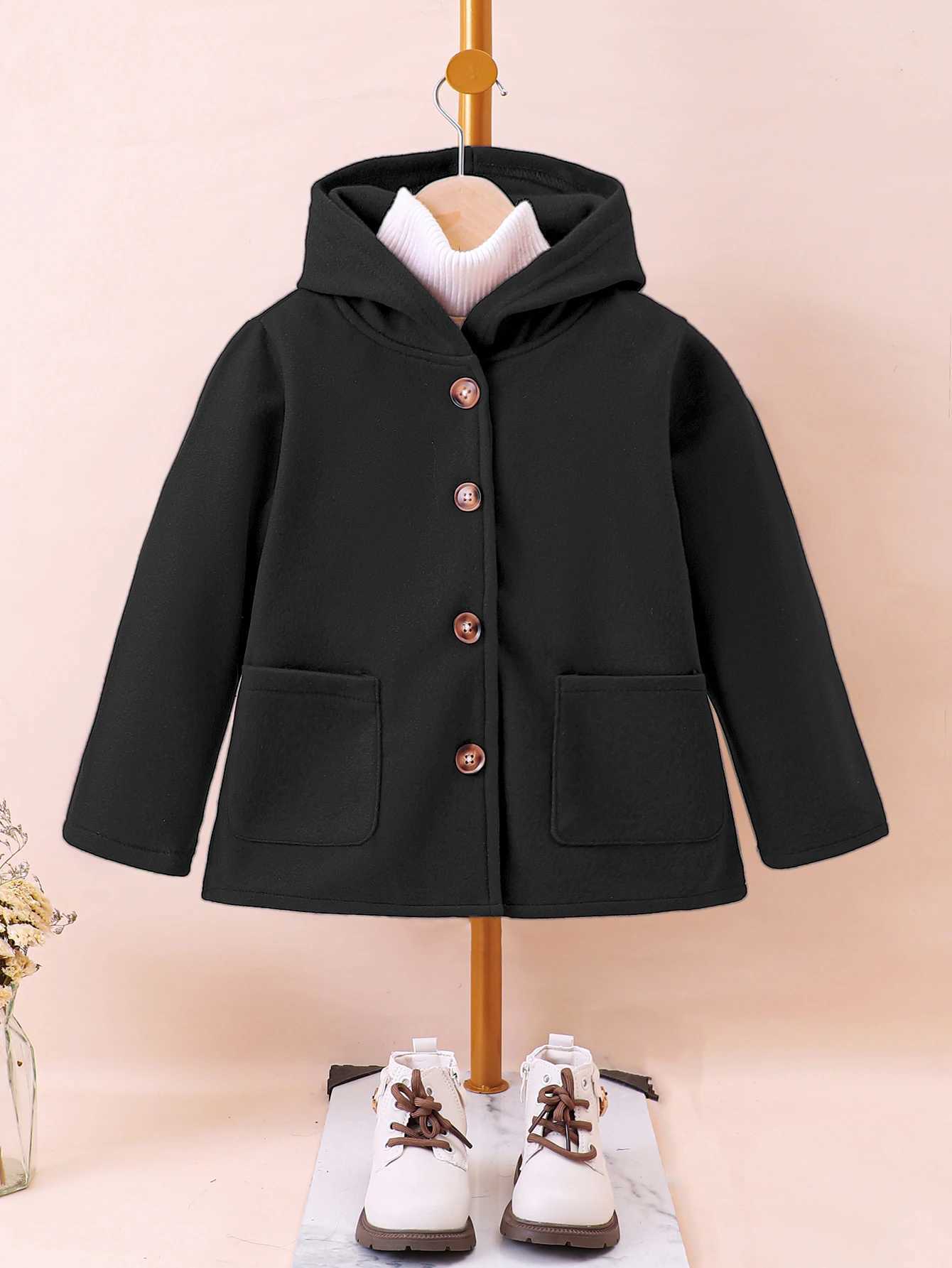 Winter long sleeved solid color single chest hooded long sleeved wool jacket suitable for small and medium-sized girls W241023