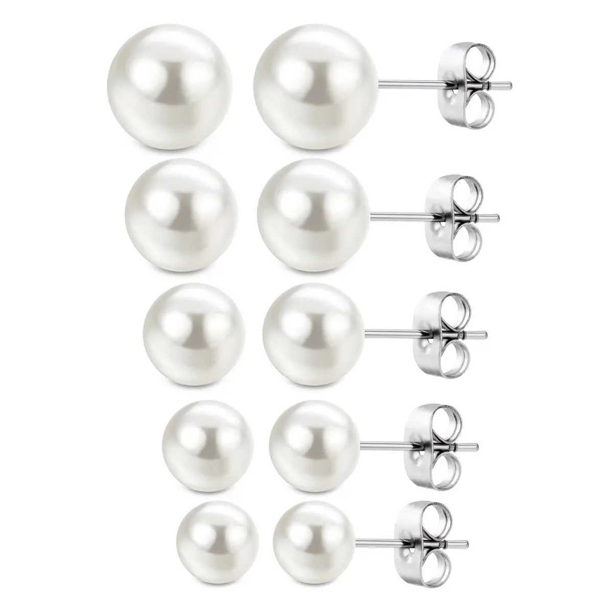 5 Pairs Hypoallergenic Stainless Steel Size 3/4/5/6/7mm Faux Pearl Cubic Zirconia CZ Ball Stud Earrings Set for Women GirlsX241023