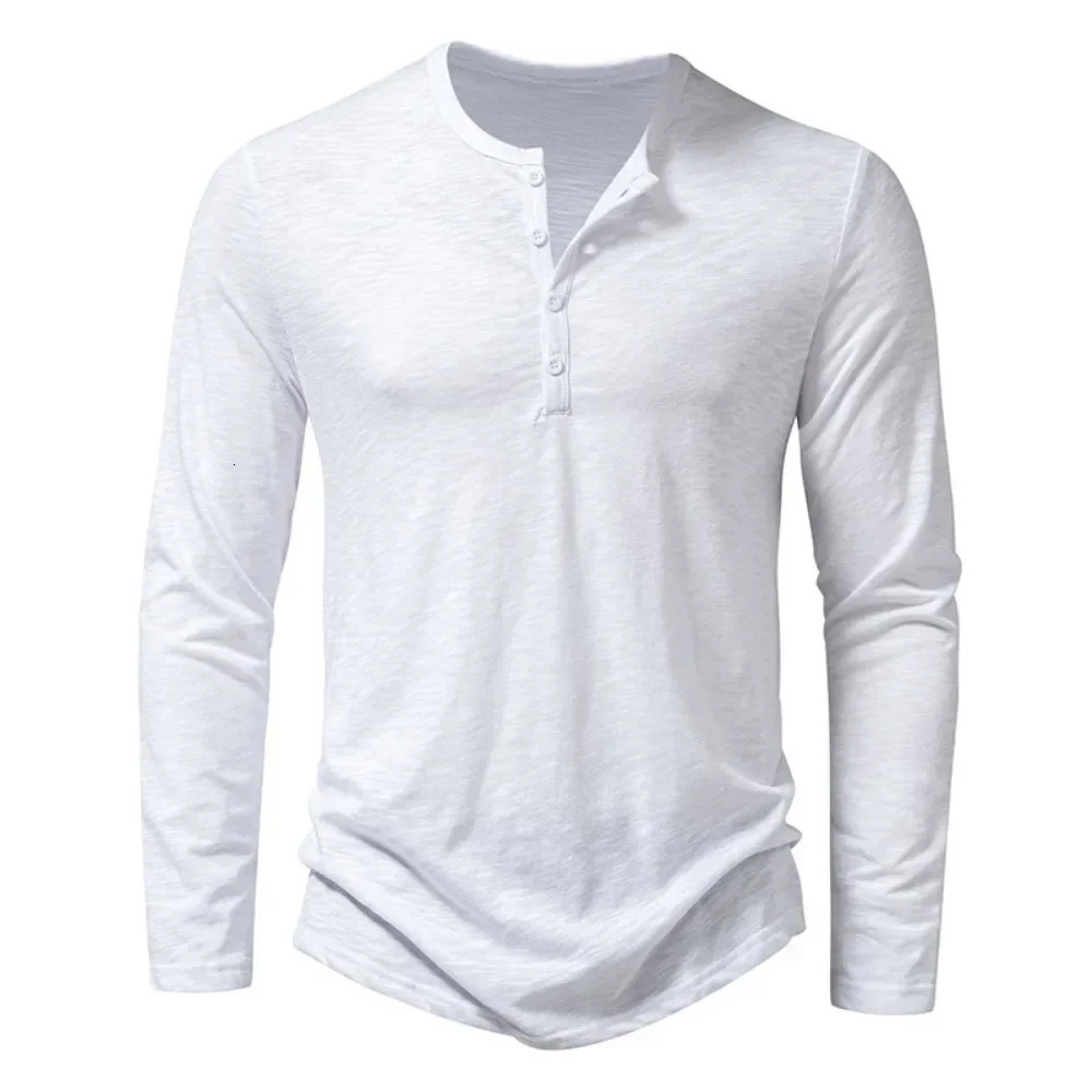 Mens cotton button Henry collar shirt long sleeved casual button solid color fashionable T-shirt 241024