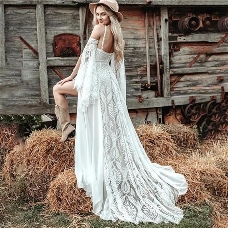 Celtic Fulllace Boho Wedding Dresses 2025 Civil Sexy Slit Bohemian Bride Dress Backless Vestio De Novias Elvish Country Bridal Dress Elegant Robe De M