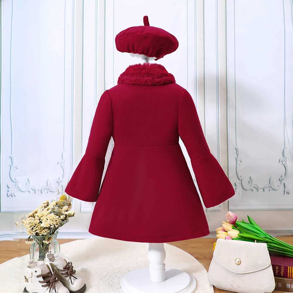 Girls autumn and winter new patch work fur collar solid color fur coat+beret W241023