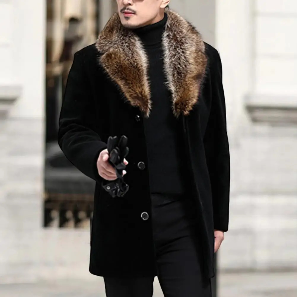 Mens wool coat faux fur collar mens jacket solid color single breasted mens jacket autumn and winter windproof jacket 241024