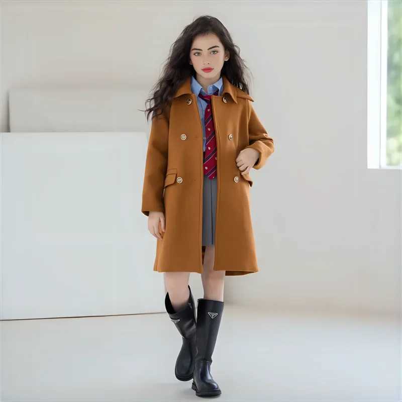 Teen girl wool jacket medium length caramel color casual and fashionable childrens jacket autumn and winter college sled childrens jacket W241023