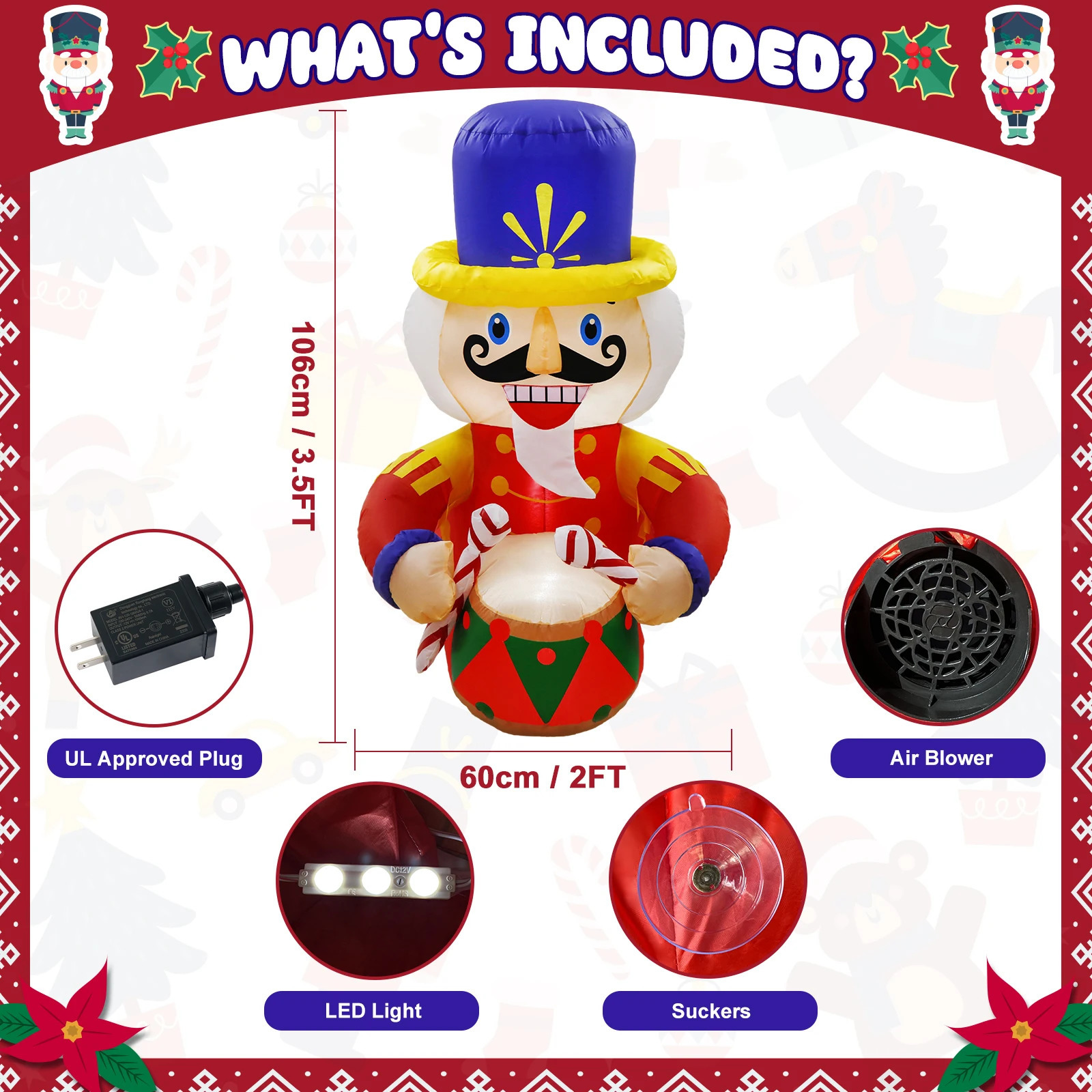 3.5-foot Christmas inflatable outdoor decorative nutcracker blow molded to pop out of the window with LED used for Christmas courtyard garden decorati