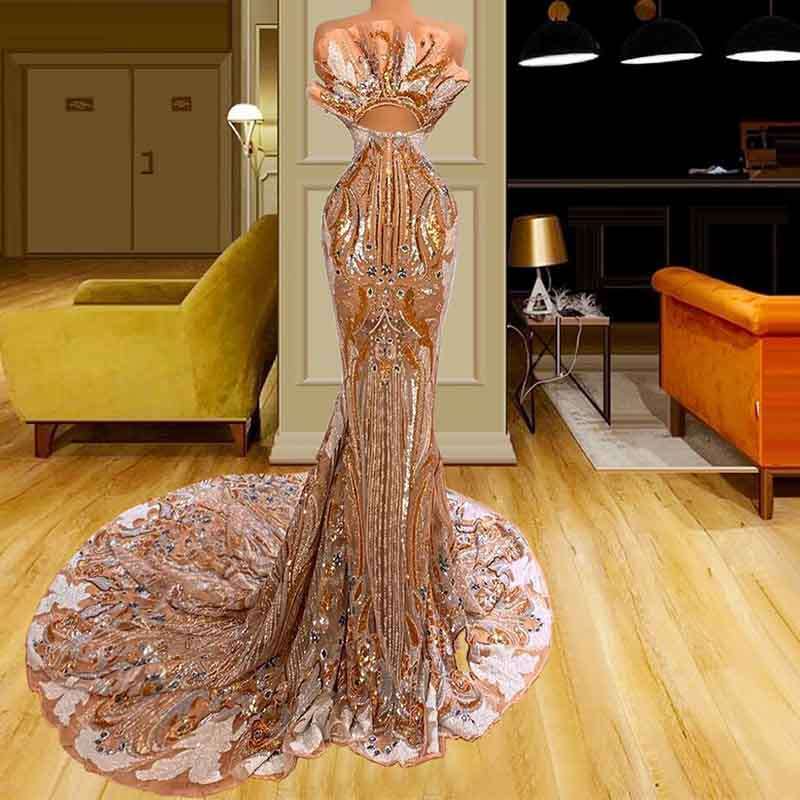 2023 Gorgeous Mermaid Dresses Strapless Hand Beaded Sequins With Train Sparkly Prom Dress Evening Gown