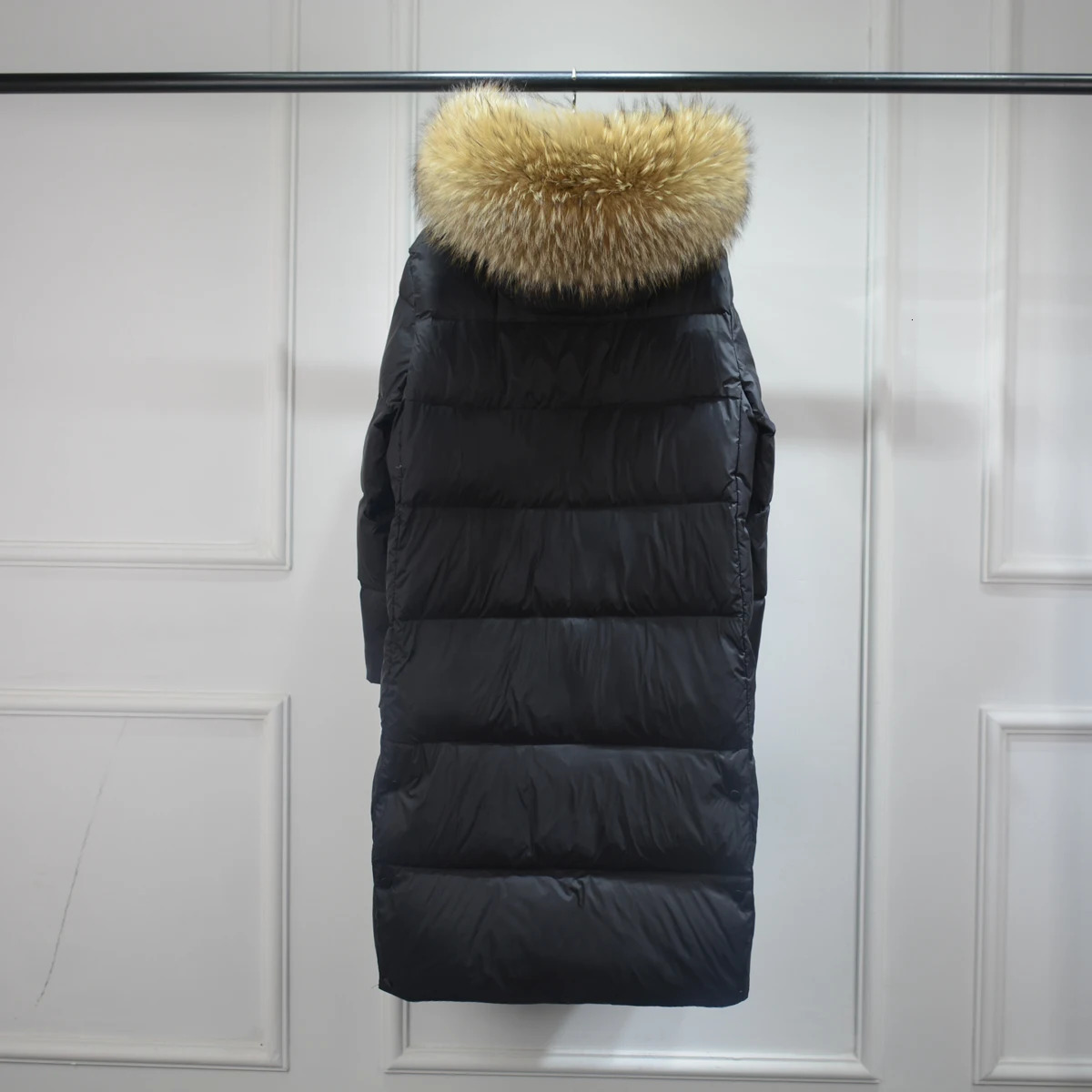 Lagabogy Winter Womens Long Inflatable Jacket Raccoon Fur Collar Thick Hooded Parka Womens Black Waterproof Down Jacket 241023