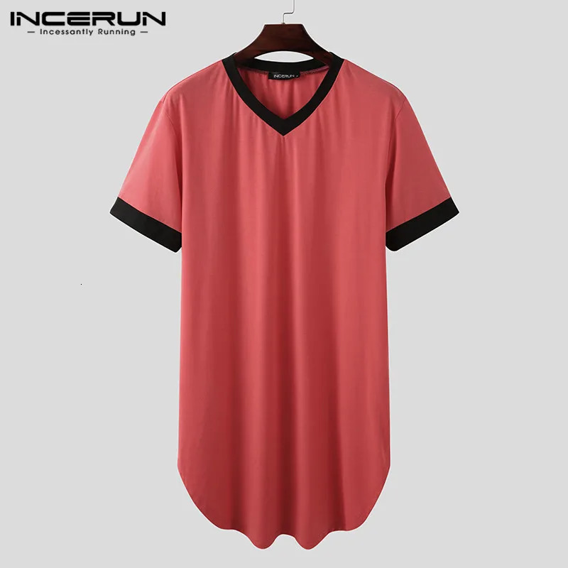 INCERUN Mens Nightgown Fashion Patchwork Solid Sleepwear Short Sleeve Bathroom Loose V-neck Home Wear S-5XL 241023