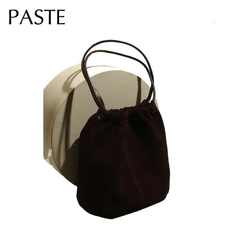 2025 Autumn Winter Simple Ruched Bucket Tote Coffee Color Matte Suede Cow Leather Women Handbag Rope Strap Shoulder Bag 241021