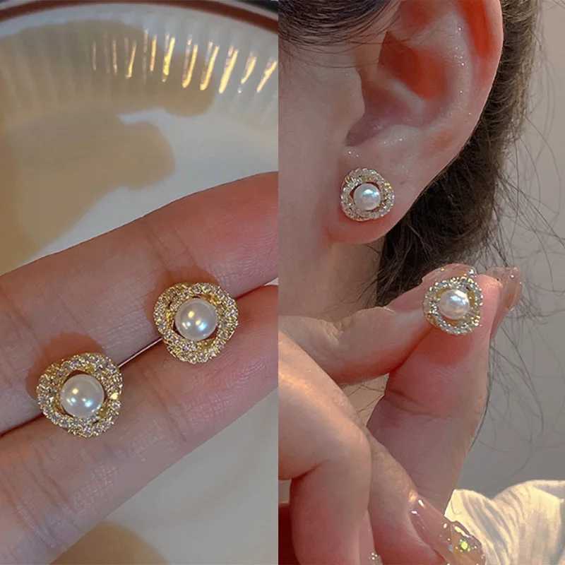 Stainless Steel Zircon Natural Pearl Earrings For Women Gold Plated Geometric Hoop Pearl Earring Wedding Bridesmaid Jewelry GifX241023