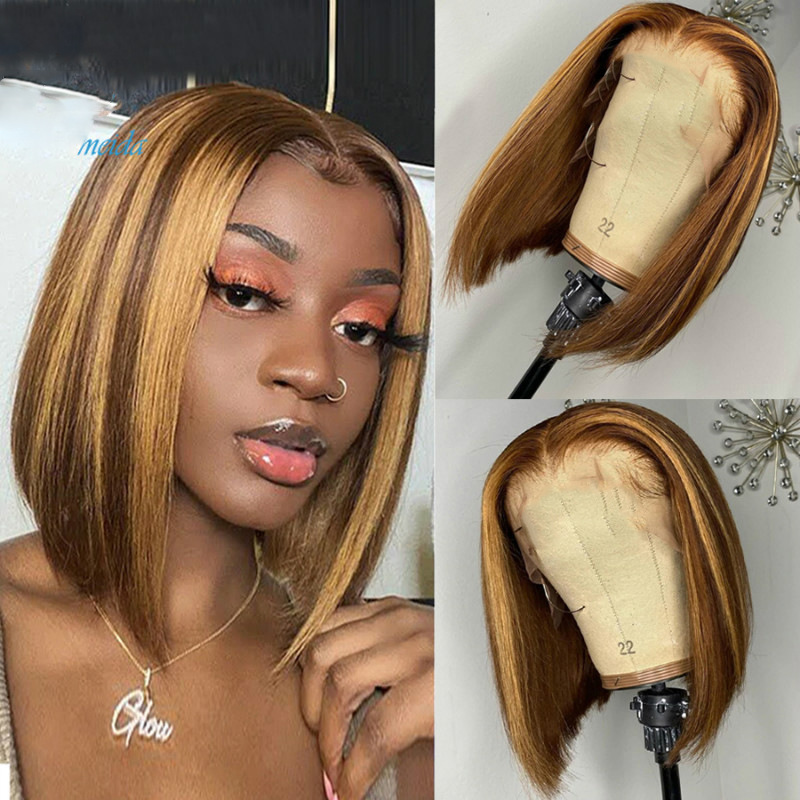 Women's wigs short straight BOBO head golden brown gradient wigs synthetic wigs