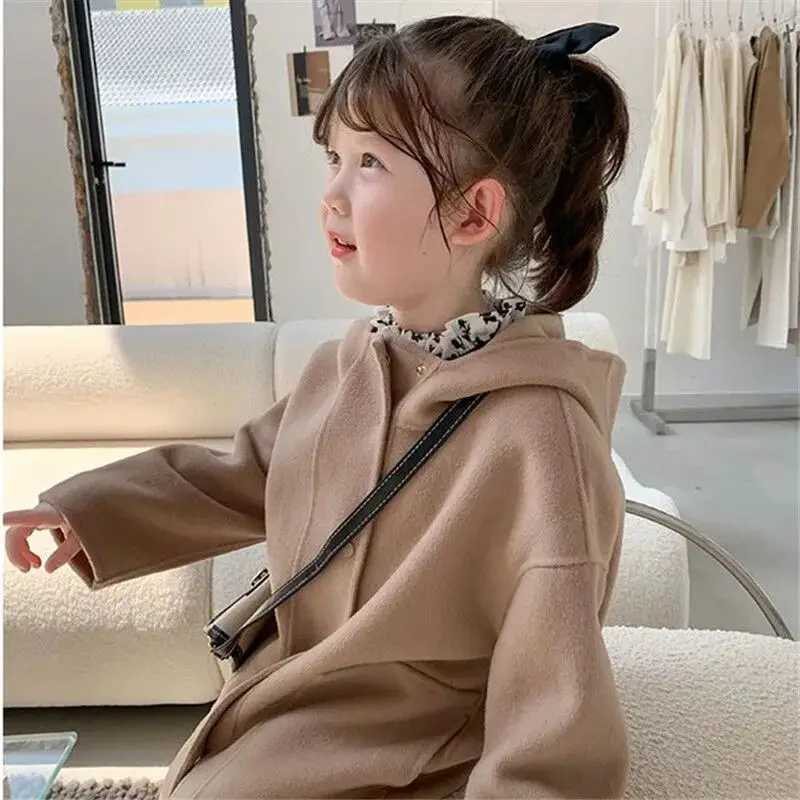 Childrens wool coat autumn and winter new item womens hooded sweater solid color baby medium length wool coat W241023