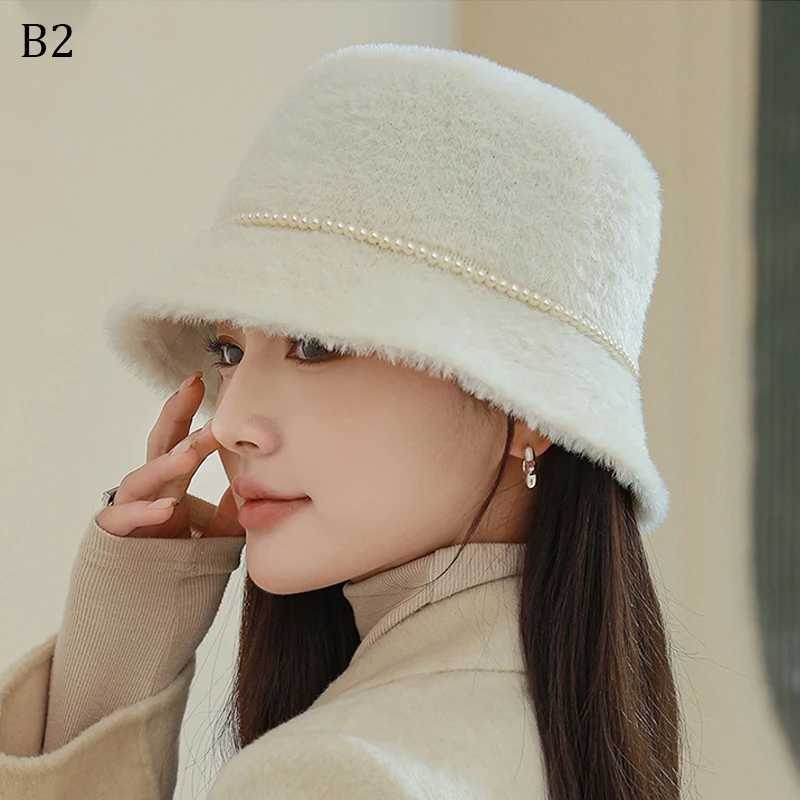 Elegant pearl bucket hat plain color fisherman INS hat autumn and winter fur wool cute outdoor warm Panama hat for ladies X241023