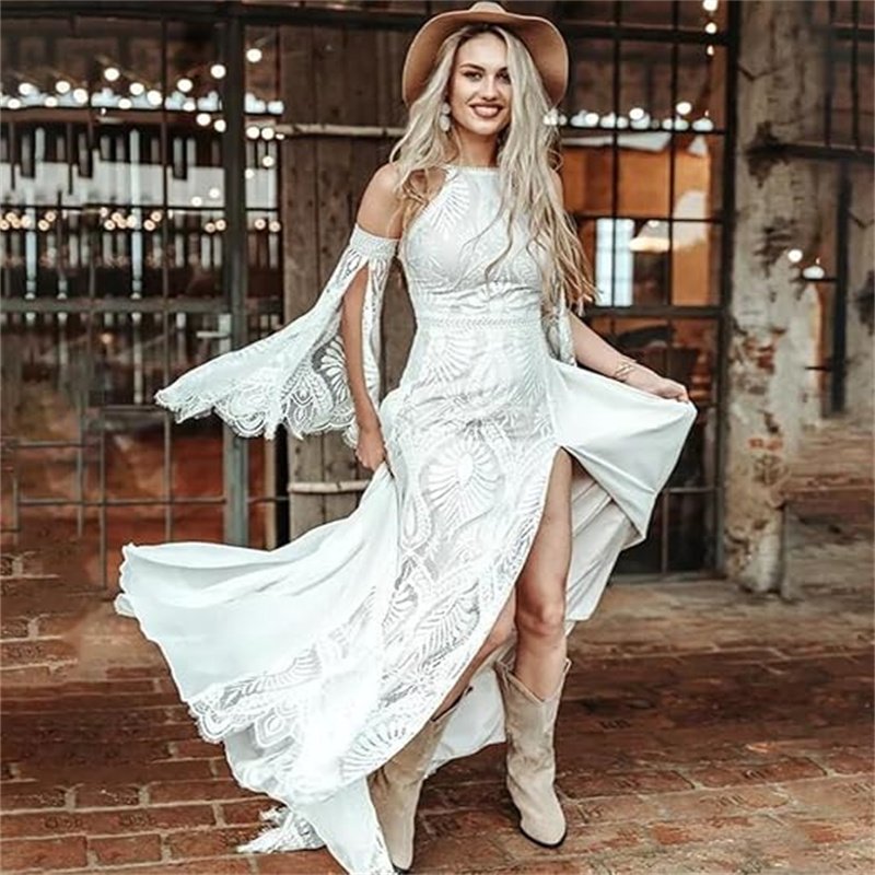 Celtic Fulllace Boho Wedding Dresses 2025 Civil Sexy Slit Bohemian Bride Dress Backless Vestio De Novias Elvish Country Bridal Dress Elegant Robe De M