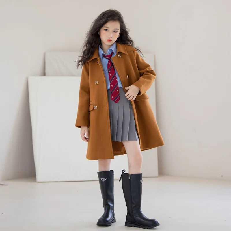 Teen girl wool jacket medium length caramel color casual and fashionable childrens jacket autumn and winter college chiffon childrens jacket W241023