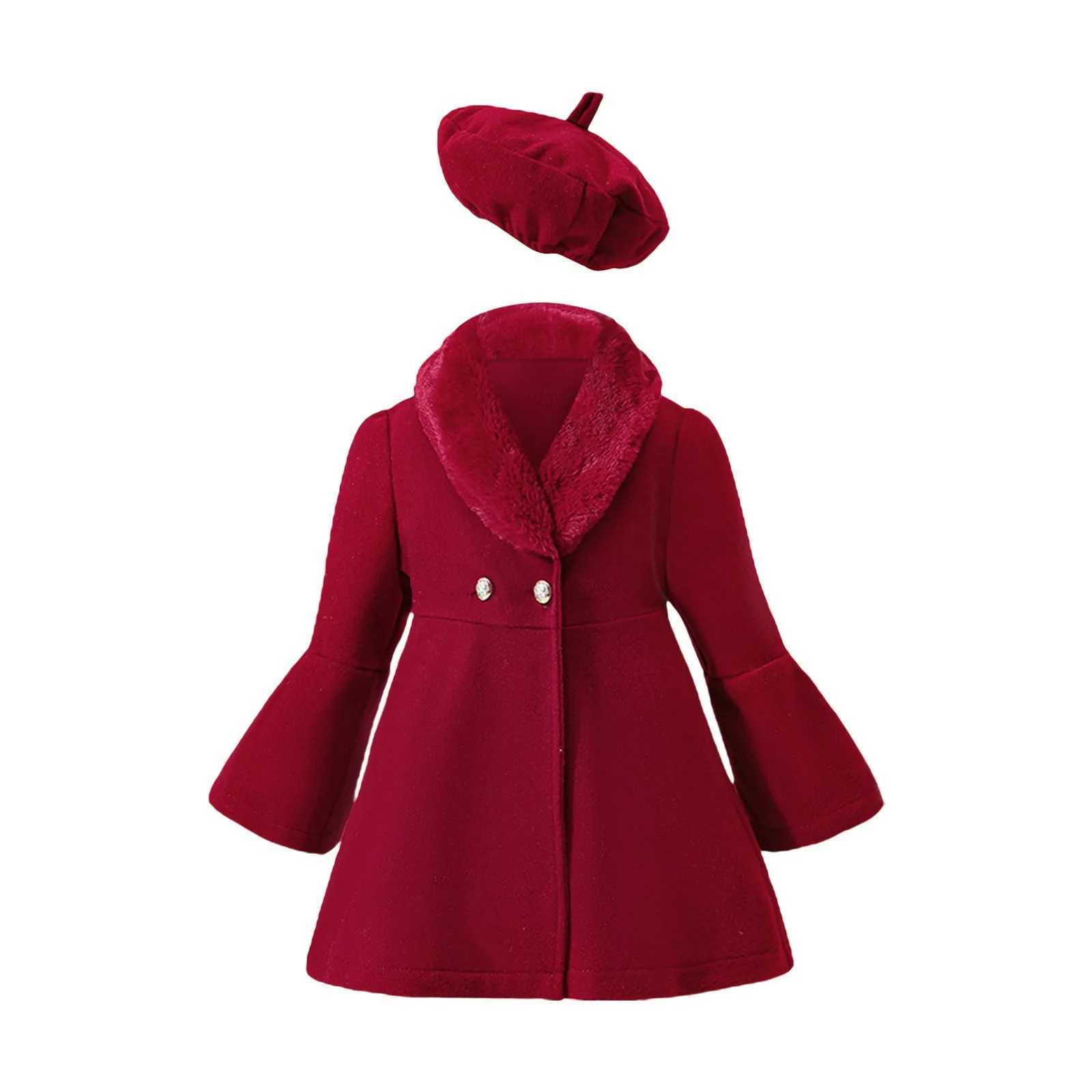 Christmas Preschool Girls Solid Color Patchwork Wool Collar Coat Set Suitable for Winter Warm Jackets for Girls Aged 1 to 6 Comes with 2 Hats W241023
