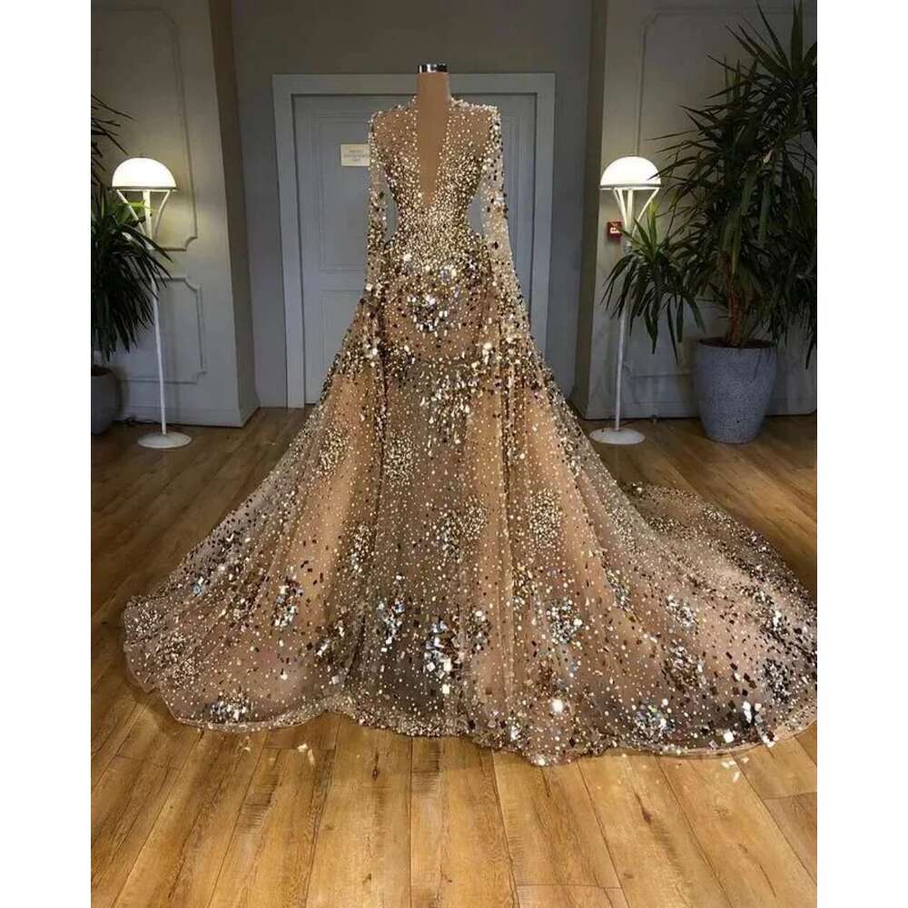 Long Evening Dresses Deep V Neck Tulle Mor Beading Full Sleeves A e Court Train Custom Made Party Gowns