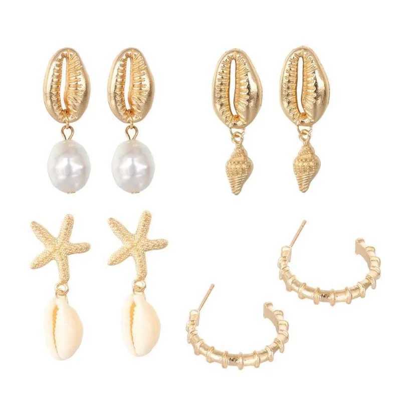 4 pairs of Bohemian shell starfish pendant earrings set for womens summer beach pearl conch pendant geometric earrings for girls fashion jewelry W2410